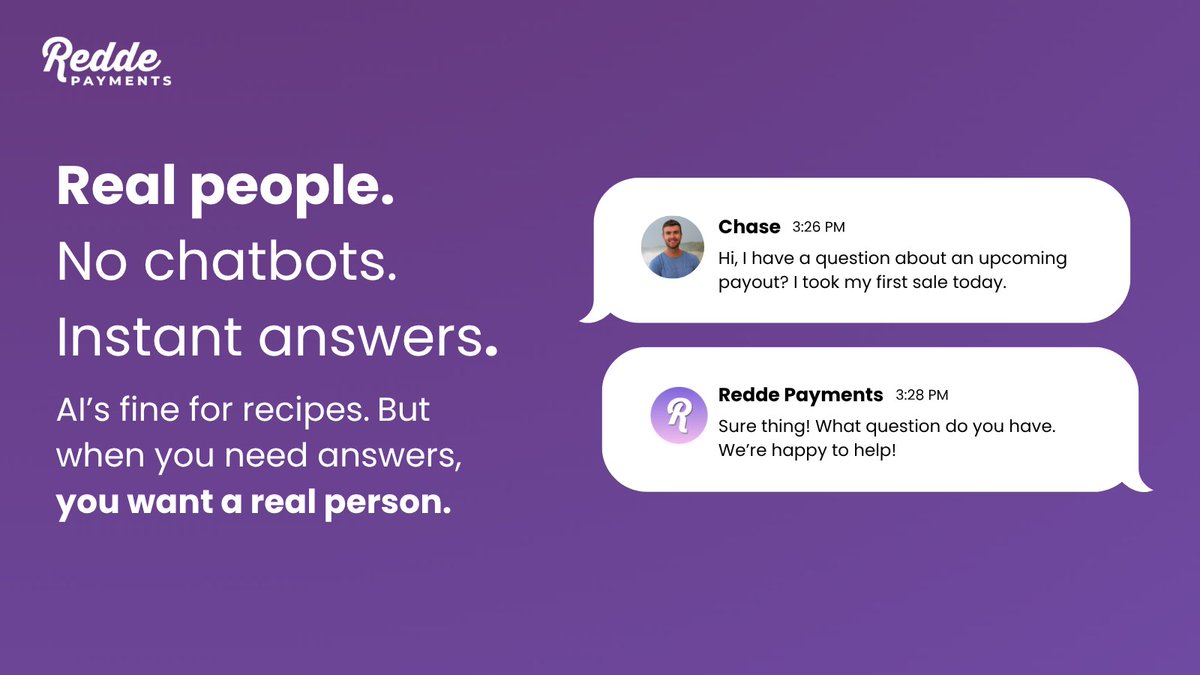 ReddePayments's tweet image. 💬💳 At Redde, you get real people, instant answers, and support that actually knows your business. No chatbots. No scripts. Just humans who care. 🤝 #RealSupport #Business #Payments #SmallBusiness #AI