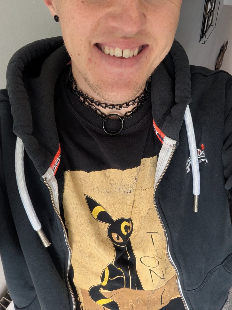 New collar with chain. Happy boy.