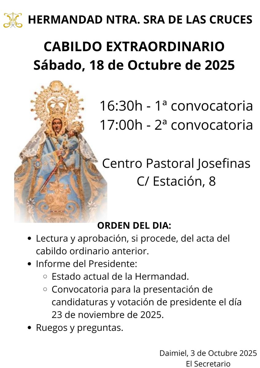 vdelascruces's tweet photo. Desde la Hermandad Virgen de las Cruces os recordamos que el próximo sábado 18 de octubre tendrá lugar el Cabildo Extraordinario y el domingo 19 de octubre la preregrinación solidaria a favor de Cruz Roja Española y comida Solidaria en el Santuario.

#TodosConLaPatrona https://t.co/nlGWD132nQ