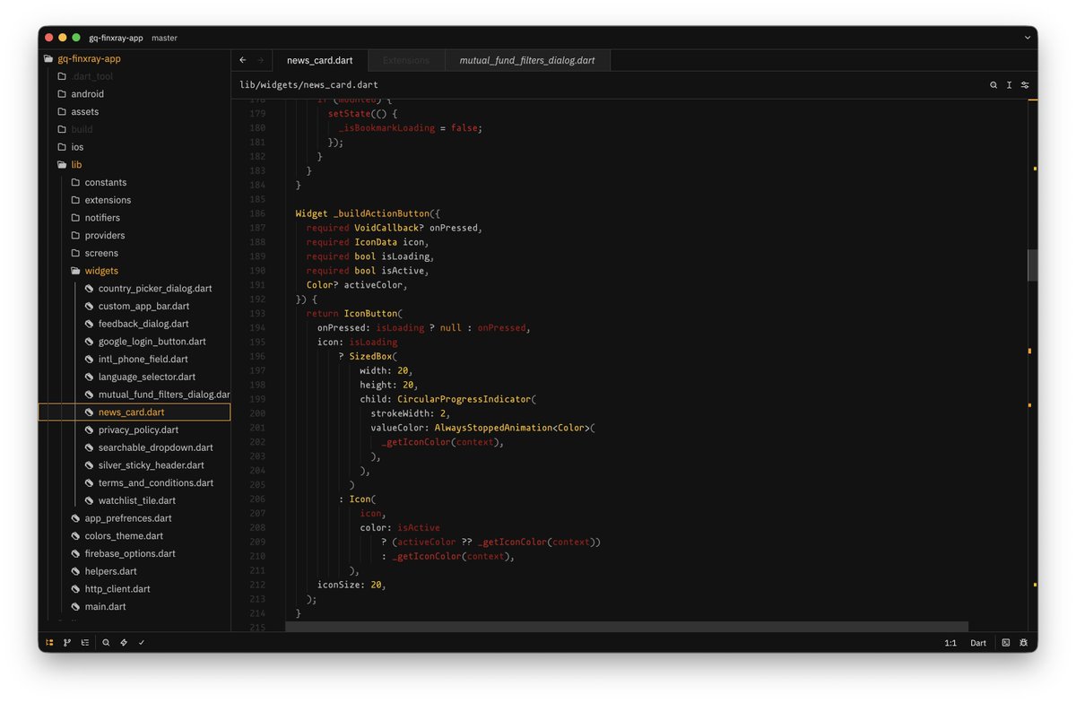 cybrchad's tweet image. This is how it looks like in zed for flutter. I think the colors can be improved. I don't like the contrast of red.
