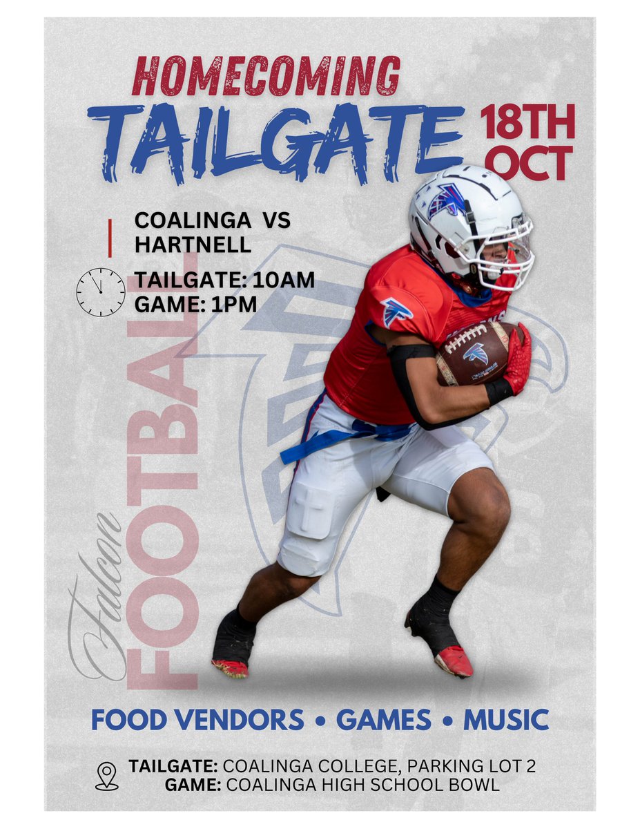 Coalinga College Falcons (@coalingafalcons) on Twitter photo Join us for our annual homecoming tailgate party this Saturday from 10 am - 1 pm! The event will take place in parking lot #2, between the men's dorms and the tennis courts. We hope to see you there! #FalconFootball Join us for our annual homecoming tailgate party this Saturday from 10 am - 1 pm! The event will take place in parking lot #2, between the men's dorms and the tennis courts. We hope to see you there! #FalconFootball