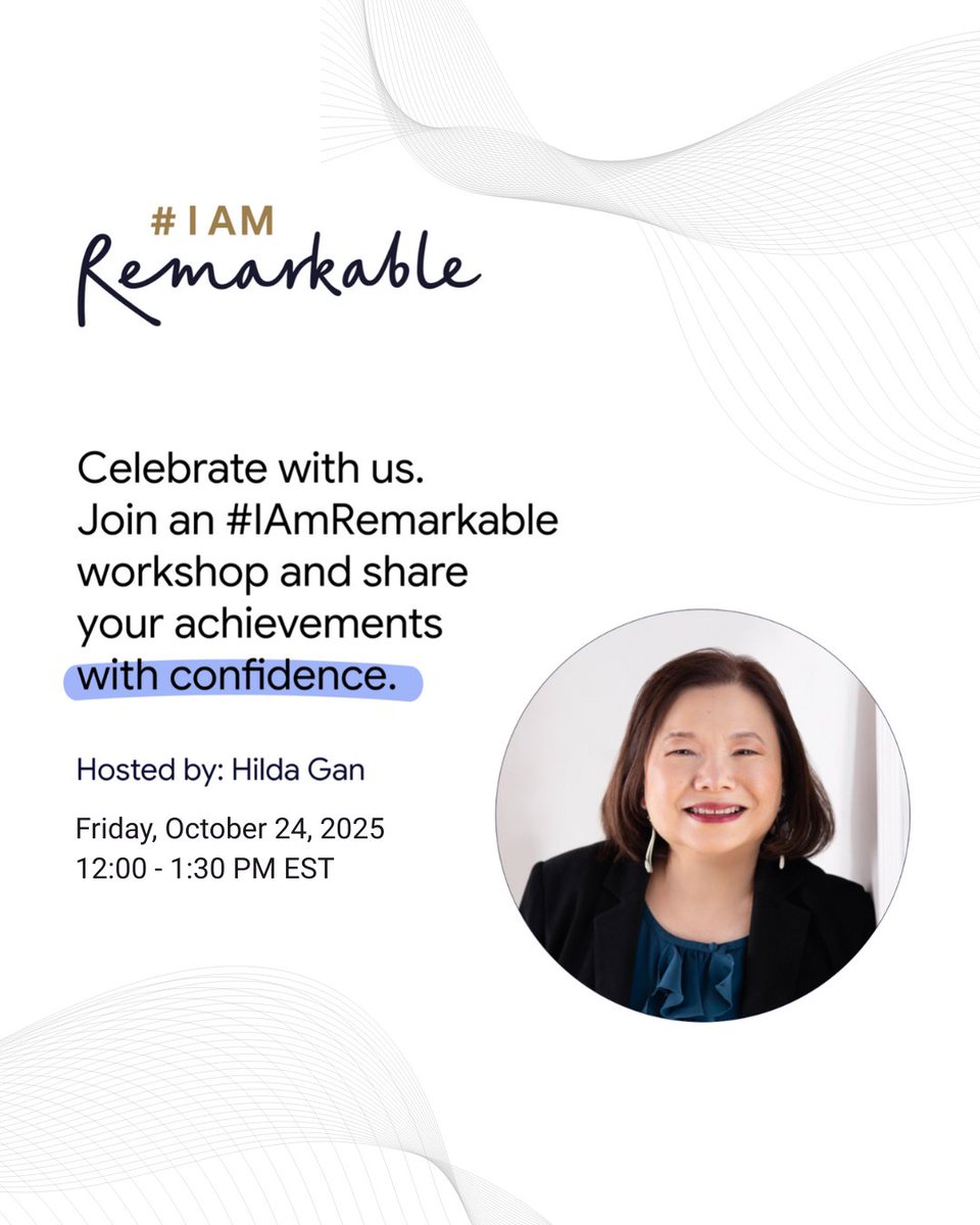 Join Hilda Gan on October 24th for a 90-minute interactive #IamRemarkable workshop designed to help you gain the confidence to share your personal and professional achievements.

Register for free at: iar-oct-24.eventbrite.ca