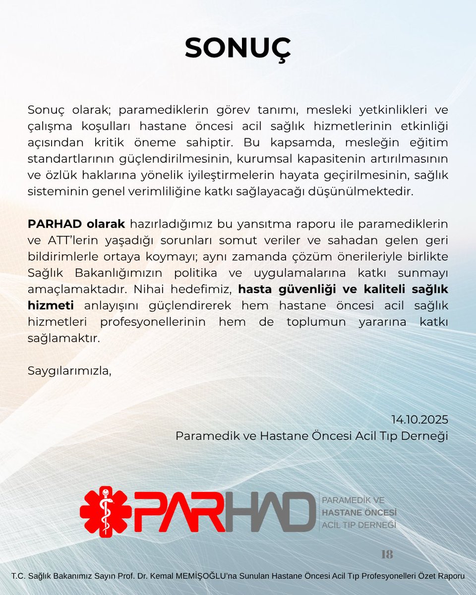 14.10.2025 tarihinde yönetim kurulumuzun Sağlık Bakanımız Sayın <a href="/drmemisoglu/">Prof. Dr. Kemal Memişoğlu</a> ‘na sunduğu “Hastane Öncesi Acil Tıp Profesyonelleri Raporu”nun Özetidir. 

#paramedik
#att
#sağlıkbakanlığı
#atama
#istihdam
#kalite 
#hastagüvenliği 
#parhad