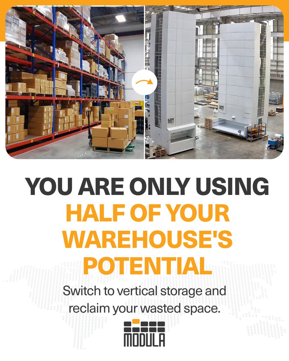 ModulaUS's tweet image. Stop leaving space on the table. Traditional shelving only gets you halfway there.
With Modula’s vertical lift modules, you can unlock the full potential of your warehouse and reclaim wasted square footage.
#ModulaUSA #ThinkVertical #WarehouseEfficiency