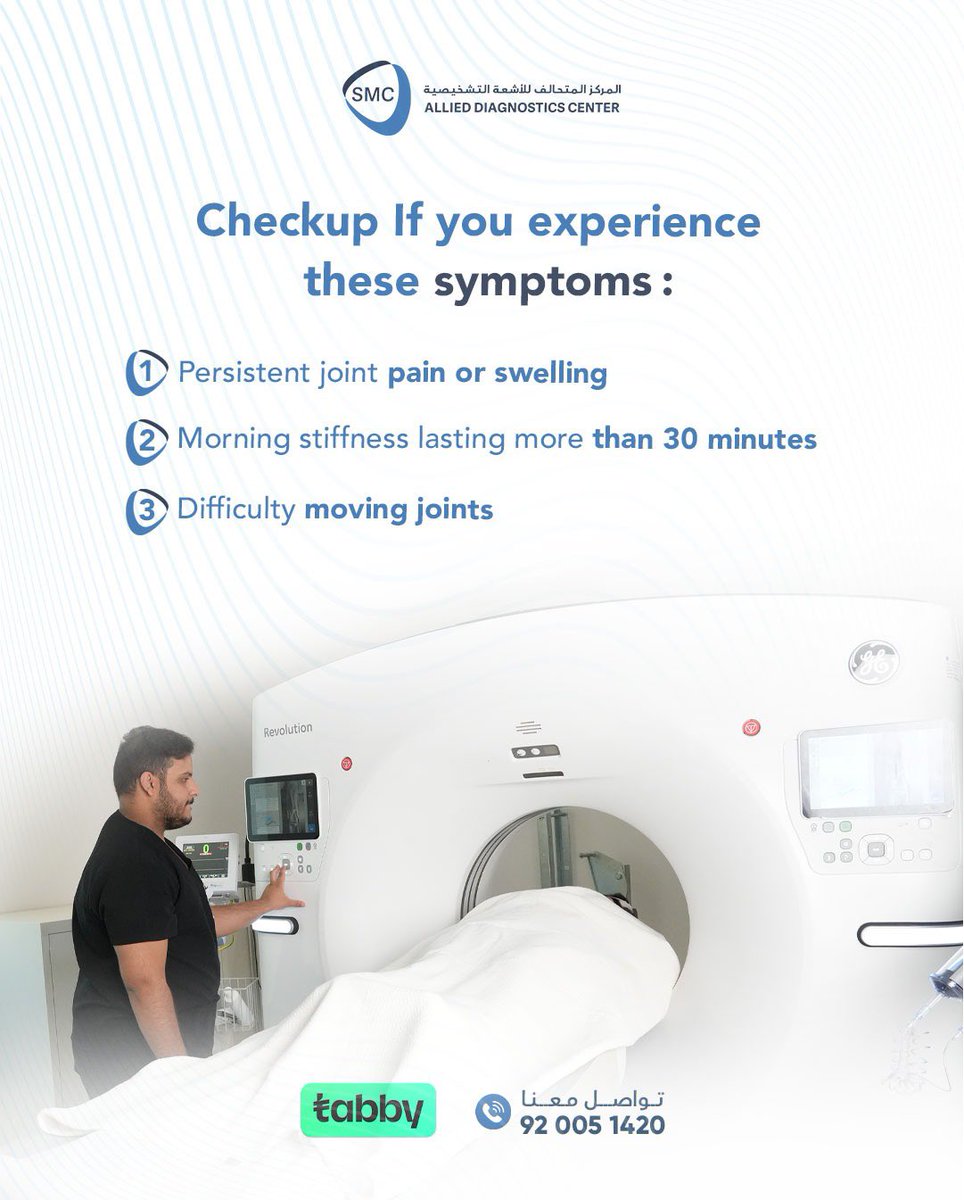Are you experiencing persistent joint pain, swelling, or stiffness?
Joint pain isn’t just aging — it’s a signal! 

🩻 CT scans can detect:
✨ Early bone erosion
✨ Joint space narrowing
✨ Subtle structural changes

book your appointment now
📞 +966 55 528 1965
📍 Riyadh, King