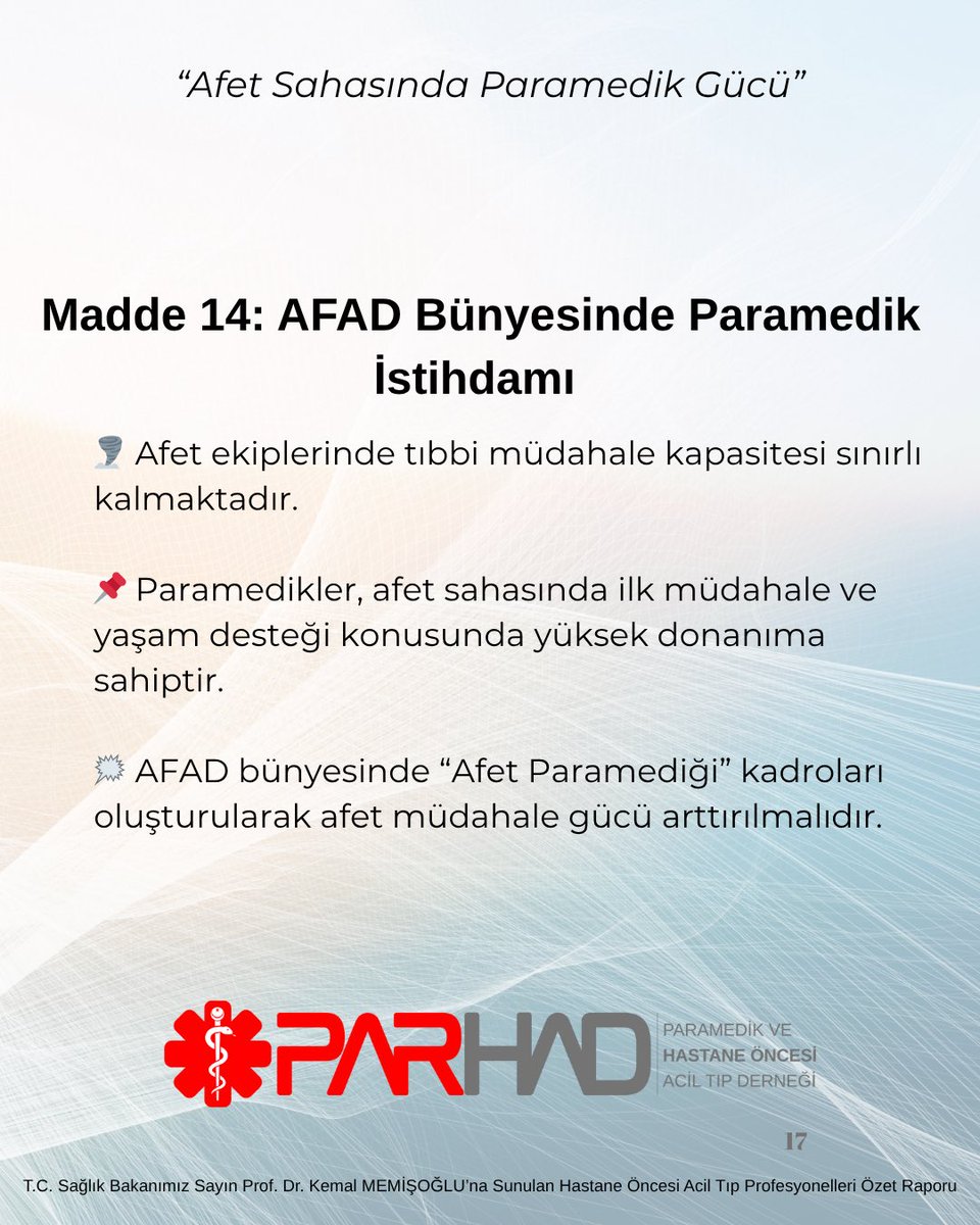 14.10.2025 tarihinde yönetim kurulumuzun Sağlık Bakanımız Sayın <a href="/drmemisoglu/">Prof. Dr. Kemal Memişoğlu</a> ‘na sunduğu “Hastane Öncesi Acil Tıp Profesyonelleri Raporu”nun Özetidir. 

#afet 
#afad 
#paramedik
#att
#sağlıkbakanlığı
#atama
#istihdam
#kalite 
#hastagüvenliği 
#parhad