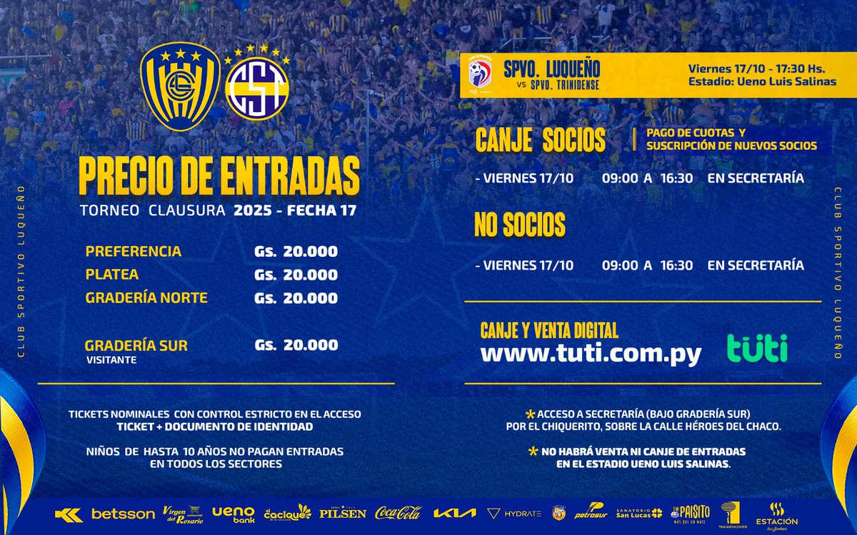 SpLuquenOficial's tweet image. 🎟️ 𝗘𝗻𝘁𝗿𝗮𝗱𝗮𝘀 𝗱𝗶𝘀𝗽𝗼𝗻𝗶𝗯𝗹𝗲𝘀
Informamos a nuestros socios e hinchas que las entradas ya se encuentran disponibles en:
tuti.com.py/evento/SP-LUQU…
📍 Desde mañana, a partir de las 09:00, también podrán ser adquiridas o canjeadas en la Secretaría del Club.
💛💙…