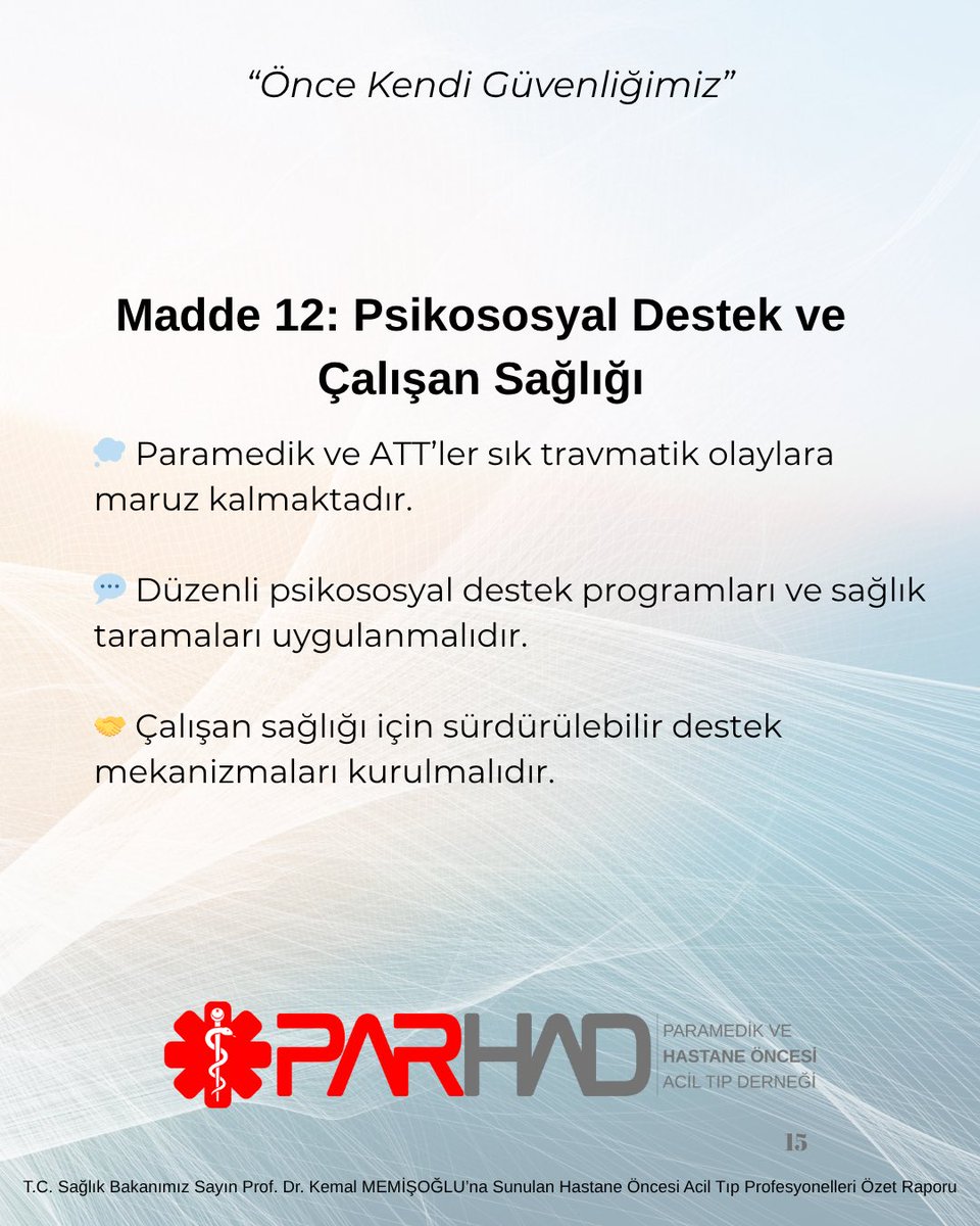 14.10.2025 tarihinde yönetim kurulumuzun Sağlık Bakanımız Sayın <a href="/drmemisoglu/">Prof. Dr. Kemal Memişoğlu</a> ‘na sunduğu “Hastane Öncesi Acil Tıp Profesyonelleri Raporu”nun Özetidir. 

#psikososyal 
#çalışansağlığı 
#paramedik
#att
#sağlıkbakanlığı
#atama
#istihdam
#kalite 
#hastagüvenliği 
#parhad
