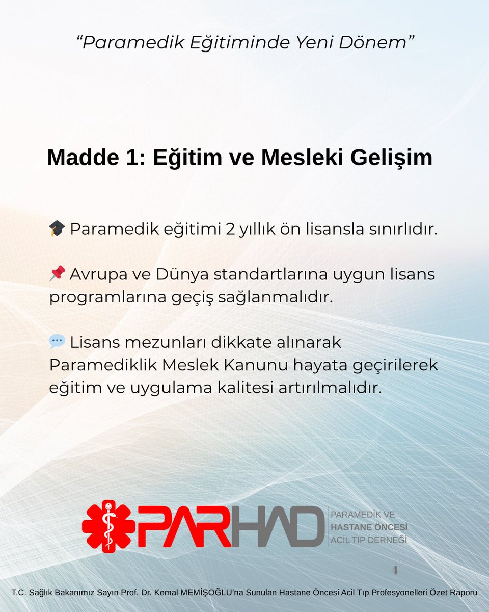 14.10.2025 tarihinde yönetim kurulumuzun Sağlık Bakanımız Sayın <a href="/drmemisoglu/">Prof. Dr. Kemal Memişoğlu</a> ‘na sunduğu “Hastane Öncesi Acil Tıp Profesyonelleri Raporu”nun Özetidir. 

#eğitim 
#lisans 
#paramedik
#att
#sağlıkbakanlığı
#atama
#istihdam
#kalite 
#hastagüvenliği 
#parhad