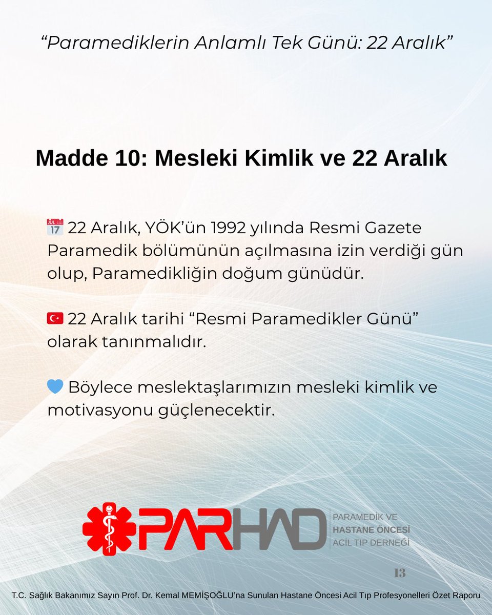 14.10.2025 tarihinde yönetim kurulumuzun Sağlık Bakanımız Sayın <a href="/drmemisoglu/">Prof. Dr. Kemal Memişoğlu</a> ‘na sunduğu “Hastane Öncesi Acil Tıp Profesyonelleri Raporu”nun Özetidir. 

#meslekikimlik
#22Aralık 
#paramedik
#att
#sağlıkbakanlığı
#atama
#istihdam
#kalite 
#hastagüvenliği 
#parhad