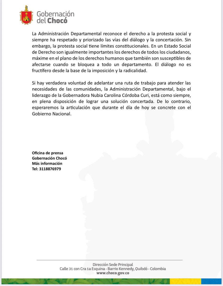GobChoco's tweet photo. Comunicado a la opinión pública respecto al actual bloqueo en las vías de acceso a nuestro departamento. https://t.co/D0ucug0x9v