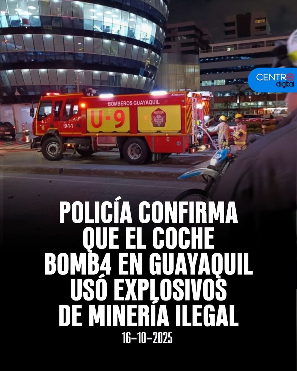 La <a href="/PoliciaEcuador/">Policía Ecuador</a> confirmó que la explosión registrada el 14 de octubre en el norte de Guayaquil fue causada por una emulsión utilizada en minería ilegal. El atentado, ocurrido frente a un centro comercial, dejó un fallecido y 26 heridos. En el lugar se halló un segundo vehículo