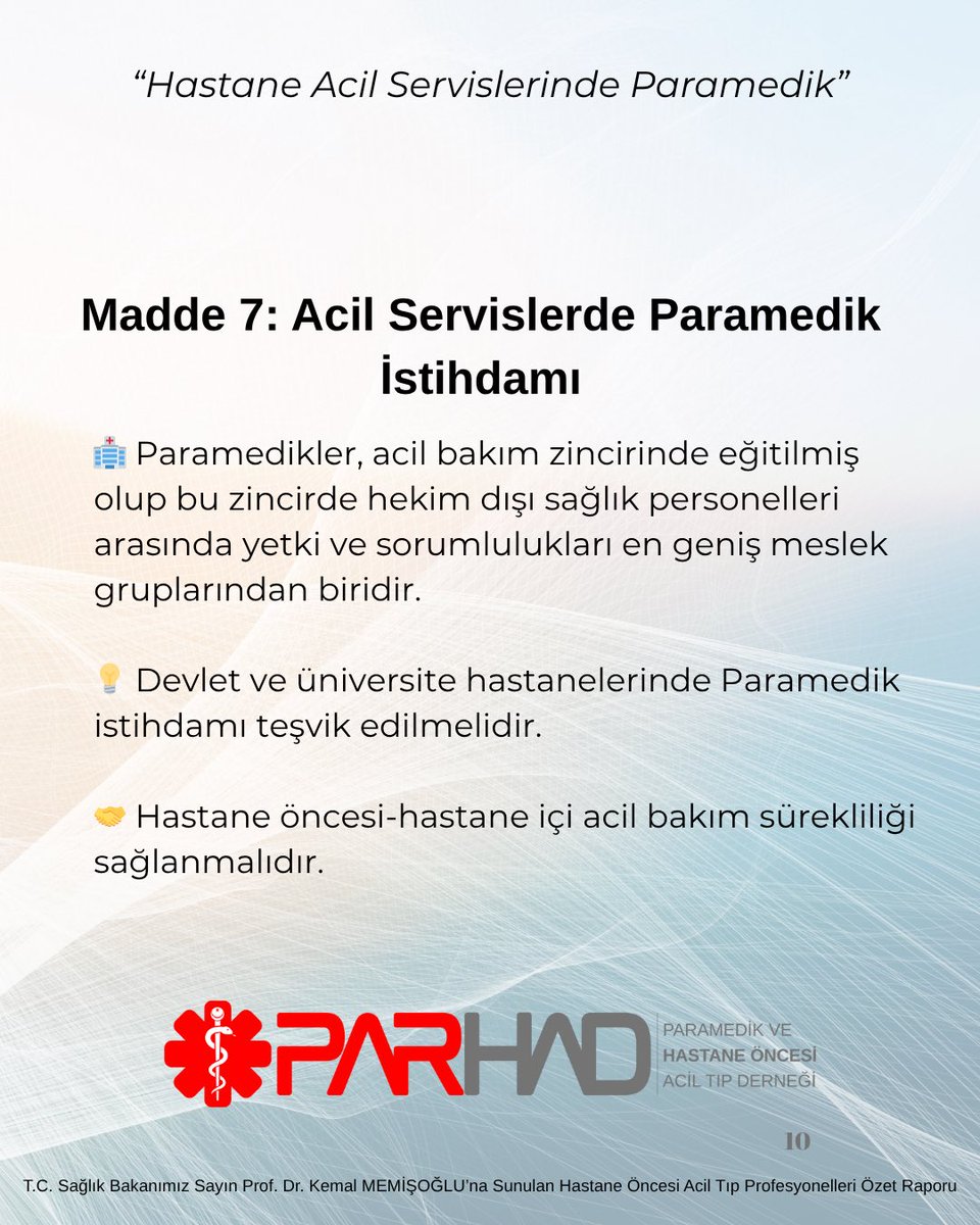 14.10.2025 tarihinde yönetim kurulumuzun Sağlık Bakanımız Sayın <a href="/drmemisoglu/">Prof. Dr. Kemal Memişoğlu</a> ‘na sunduğu “Hastane Öncesi Acil Tıp Profesyonelleri Raporu”nun Özetidir. 

#acilservis 
#istihdam 
#hastane 
#paramedik
#att
#sağlıkbakanlığı
#atama
#istihdam
#kalite 
#hastagüvenliği 
#parhad