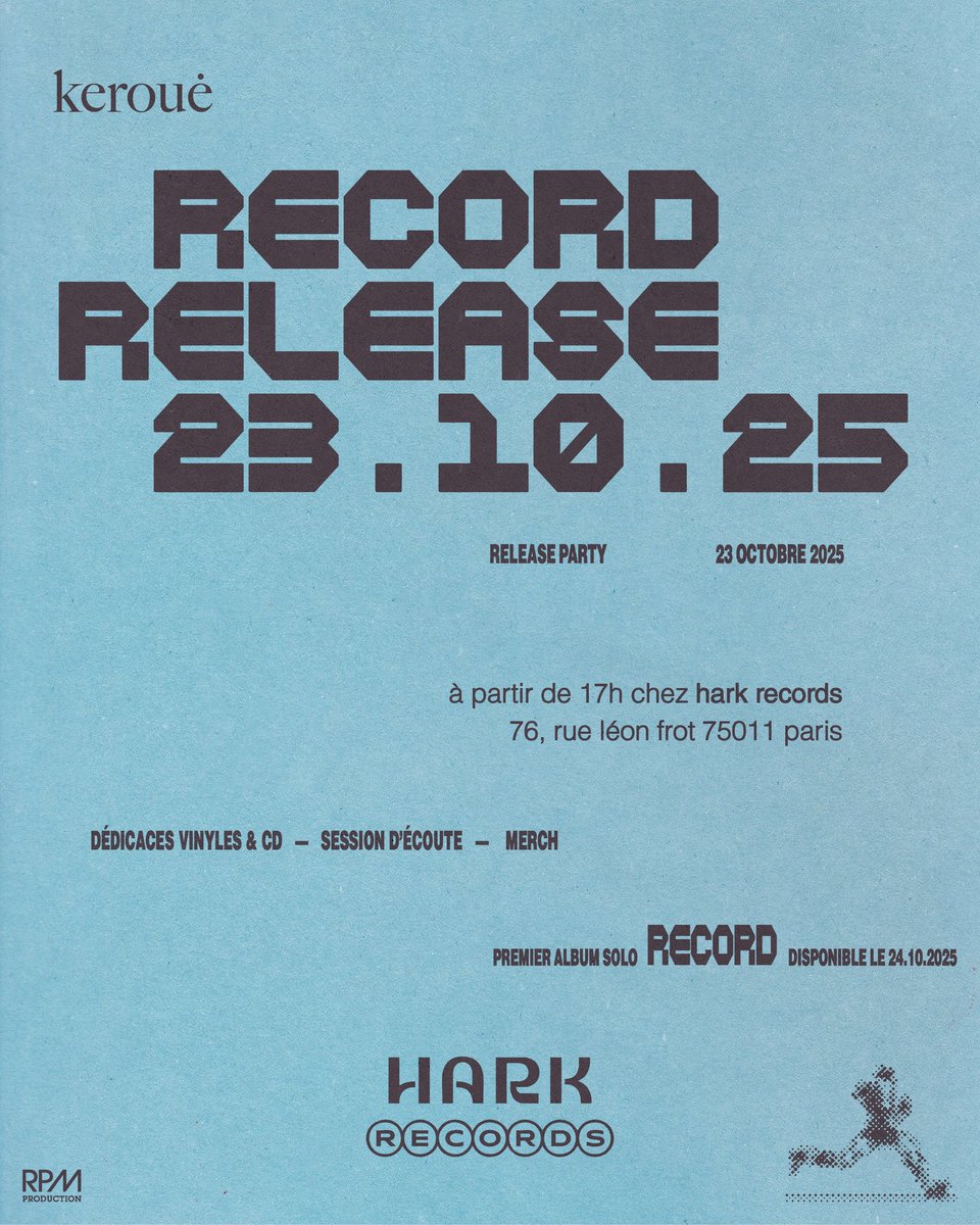 On se retrouve le jeudi 23 octobre chez
HARK

76 Rue Léon Frot - 75011 Paris

RDV à 17h c’est gratuit !!

C'est la veille de la sortie, on passera l'album, y'aura des vinyles, cd's et merch on va faire la fête tous ensemble pour la release de mon premier album j'ai trop hâte 🤩