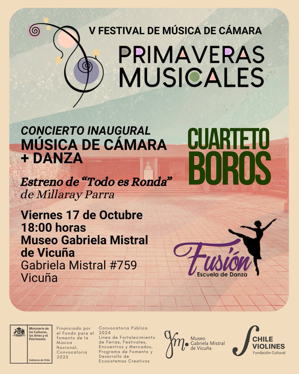 Le invitamos al concierto inaugural del V Festival de Música de Cámara Primaveras Musicales, este viernes 17 de octubre, a las 18:00 horas, en el Museo Gabriela Mistral de Vicuña. mgmistral.gob.cl/noticias/conci…