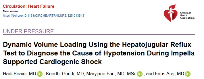 Dynamic Volume Loading Using the HJR Test to Diagnose the Cause of Hypotension During Impella-Supported Cardiogenic Shock <a href="/MaryjaneFarrMD/">Maryjane Farr MD MSc, FACC FAST FHFSA FAHA</a> @FarisAraj  
Read in <a href="/CircHF/">Circ: Heart Failure</a> doi.org/10.1161/CIRCHE…