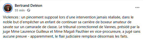 Violences : un pincement supposé lors d’une intervention jamais réalisée, dans le noble but d’empêcher un enfant de continuer sa carrière de boxeur amateur de savate sur un camarade de classe.
letelegramme.fr/morbihan/vanne…