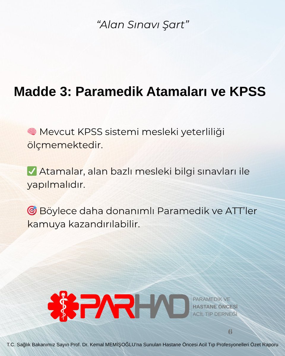 14.10.2025 tarihinde yönetim kurulumuzun Sağlık Bakanımız Sayın <a href="/drmemisoglu/">Prof. Dr. Kemal Memişoğlu</a> ‘na sunduğu “Hastane Öncesi Acil Tıp Profesyonelleri Raporu”nun Özetidir. 

#kpss 
#alansınavı 
#paramedik
#att
#sağlıkbakanlığı
#atama
#istihdam
#kalite 
#hastagüvenliği 
#parhad