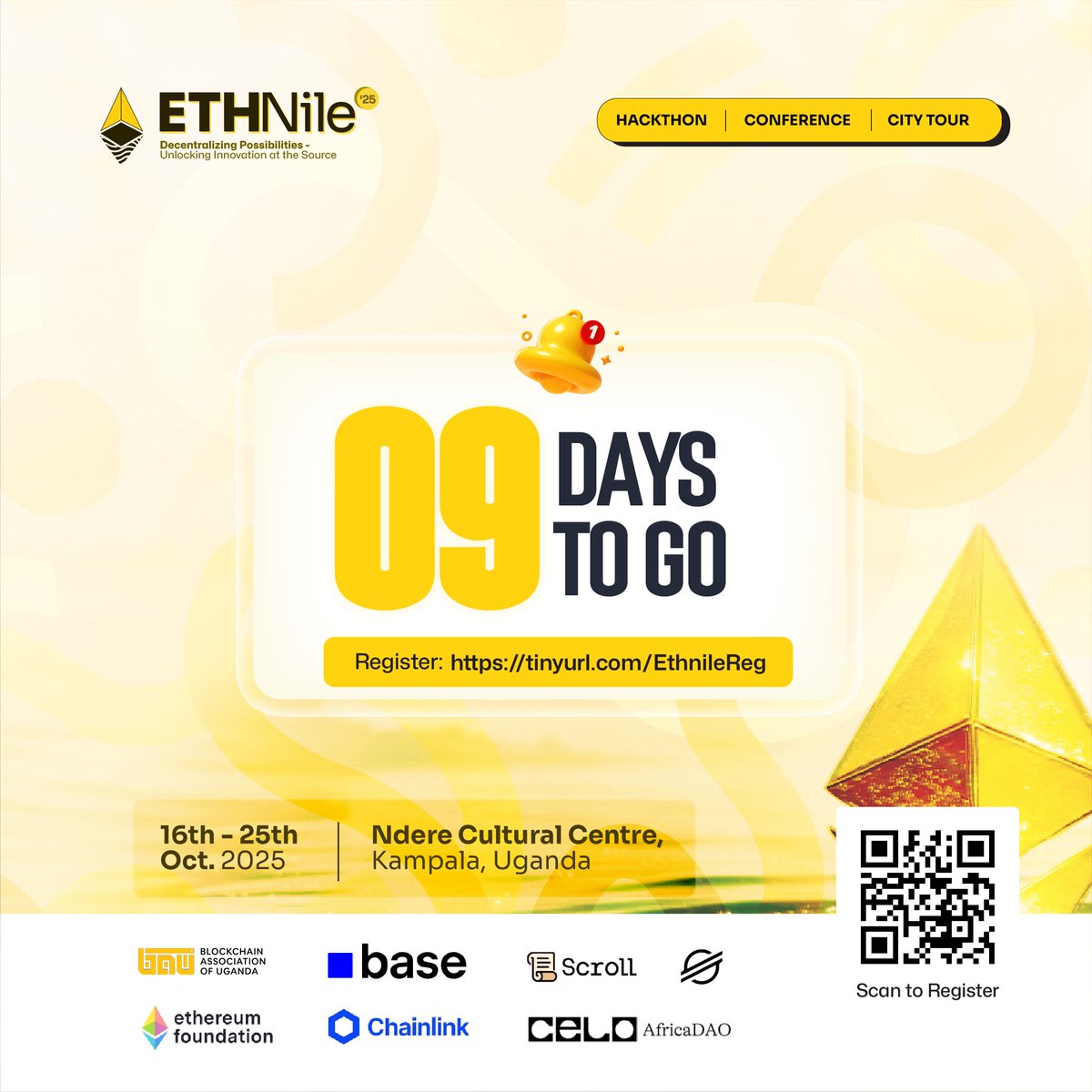 ETHNile_'s tweet image. 9 days to #ETHNile2025
Builders, devs, and dreamers, Kampala is calling 🥳
 
📍Ndere Cultural Centre
🔗 Register Now tinyurl.com/EthnileReg