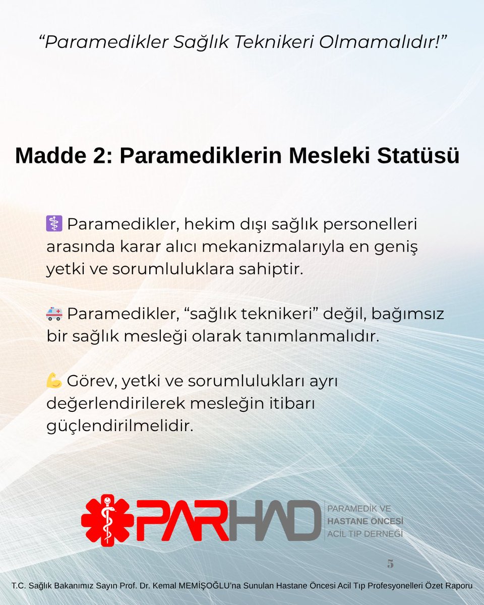 14.10.2025 tarihinde yönetim kurulumuzun Sağlık Bakanımız Sayın <a href="/drmemisoglu/">Prof. Dr. Kemal Memişoğlu</a> ‘na sunduğu “Hastane Öncesi Acil Tıp Profesyonelleri Raporu”nun Özetidir. 

#sağlıkteknikeri 
#statü 
#paramedik
#att
#sağlıkbakanlığı
#atama
#istihdam
#kalite 
#hastagüvenliği 
#parhad