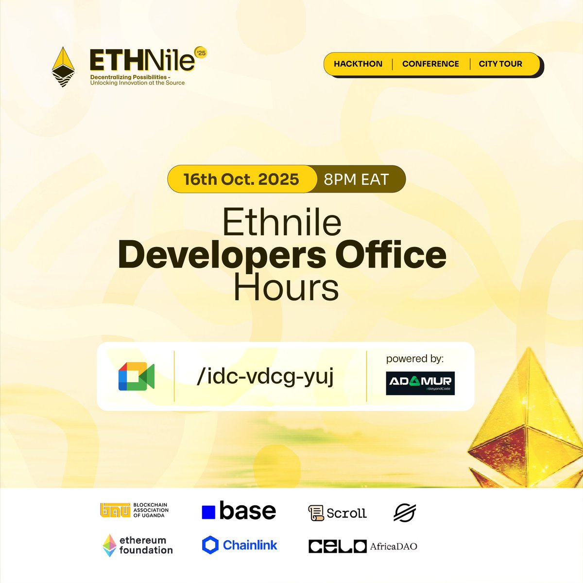 ADAMUR_R's tweet image. 🚨🚨Reminder, Builders.

Join us for #ETHNile Developer Office Hour!
Happening today at 8:00 PM EAT. 

Don’t miss out, join in and connect with mentors and fellow hackers.  

🔗meet.google.com/idc-vdcg-yuj