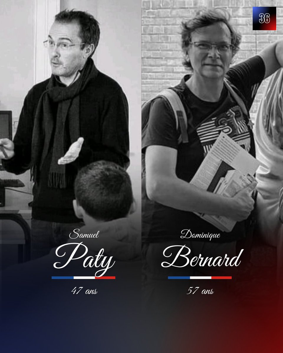36_qdo's tweet photo. Hommage à Samuel Paty et Dominique Bernard, professeurs victimes du terrorisme.

Dominique Bernard, 57 ans, est tué le 13 octobre 2023 à Arras.

Samuel Paty, 47 ans, est assassiné le 16 octobre 2020, à Conflans-Sainte-Honorine.

N'oublions jamais.

© DR https://t.co/xE13cdXliZ