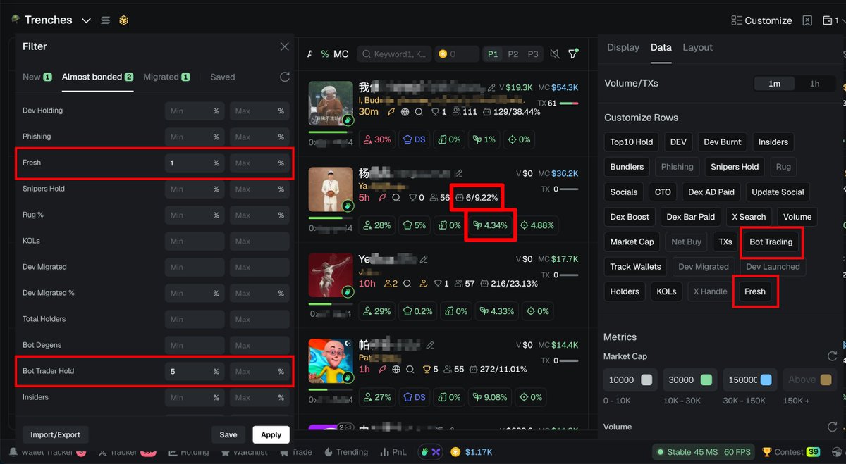 ⚡️ GMGN Update 

1. Trenches New Metrics (1/2)
- Data &amp; Filters now added: bot user holding ratio &amp; new wallet holding ratio