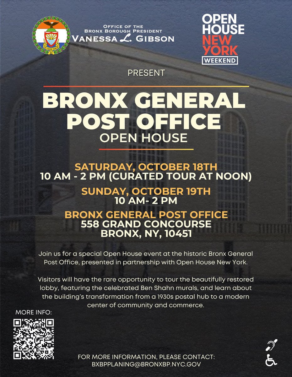 This weekend, we are partnering with Open House New York to give our community an opportunity to explore the Bronx Post Office, a historic landmark that celebrates the Bronx’s rich architectural and cultural legacy.

Discover the building’s stunning architecture, iconic murals,