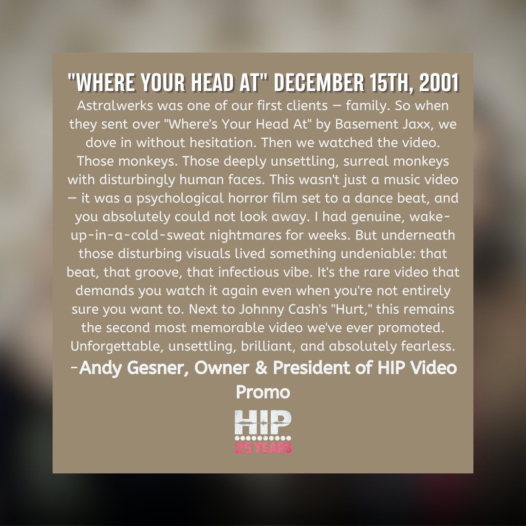 HIPVideoPromo's tweet image. "Where Your Head At" is the rare video that demands you watch it again even when you're not entirely sure you want to. Next to Johnny Cash's "Hurt," this remains the second most memorable video we've ever promoted.. #basementjaxx #HIP100 #25YearsofHIPVideoPromo