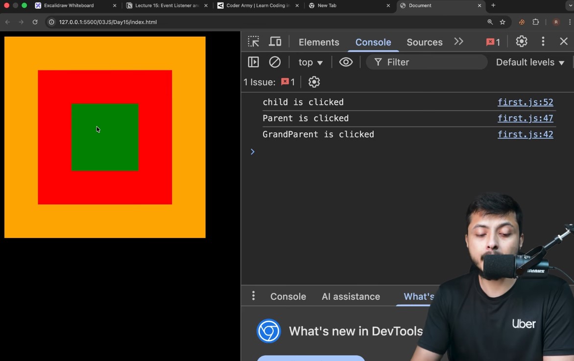 vickychauhan_01's tweet image. 🔥 Day-30 of Coding Challenge with #CoderArmyDefence 💻
✔️ Event types (click, keydown, scroll, etc.)
✔️ 3 ways to handle events (onclick, DOM property, addEventListener)
✔️ Event Bubbling & Capturing 🌊
✔️ event.target, stopPropagation() & event flow
#javascript