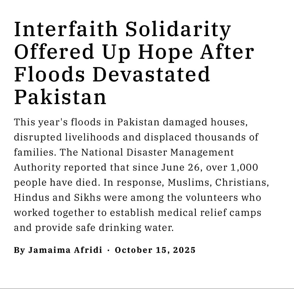 JamaimaAfridi's tweet image. While covering the floods in Khyber Pakhtunkhwa, I witnessed something truly inspiring, people from different faiths coming together to help each other.

I wrote a piece for Religion Unplugged, read the full story: religionunplugged.com/news/2025/9/25…

#FloodRelief #InterfaithUnity #Flood2025