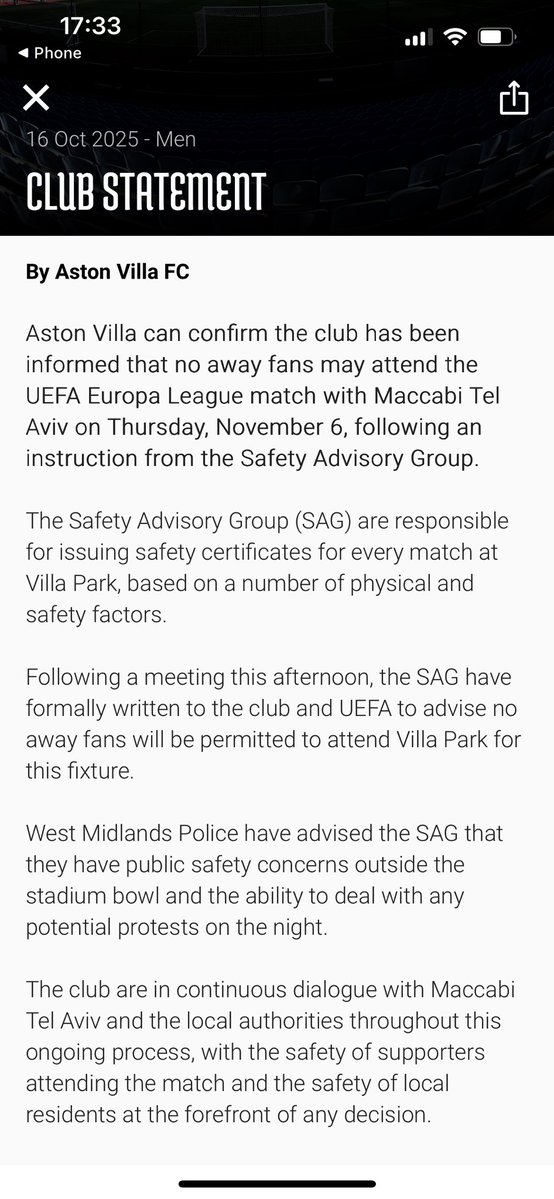 NJ_Timothy's tweet image. Welcome to modern Britain.

Away fans from Israel banned from Villa Park because the police cannot guarantee their safety in Birmingham. 

I am sad, angry and ashamed. #avfc