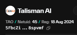 CryptoZPunisher's tweet photo. Bittensor 

SN 45  Talisman Ai 

You’ve had the signals,  let’s go top 10!

@FrankRizz07 
@wearetalisman https://t.co/O6xkXSUrbP