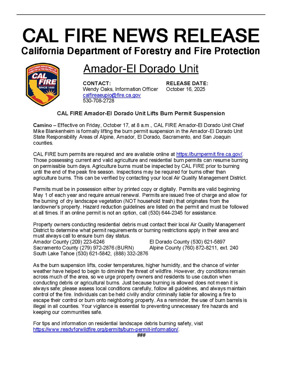 Effective Friday, 10/17, at 8 am, CAL FIRE AEU is lifting the burn permit suspension in the Amador-El Dorado Unit State Responsibility Areas of Alpine, Amador, El Dorado, Sacramento &amp; San Joaquin counties. Burn permit information: burnpermit.fire.ca.gov.  Details below.