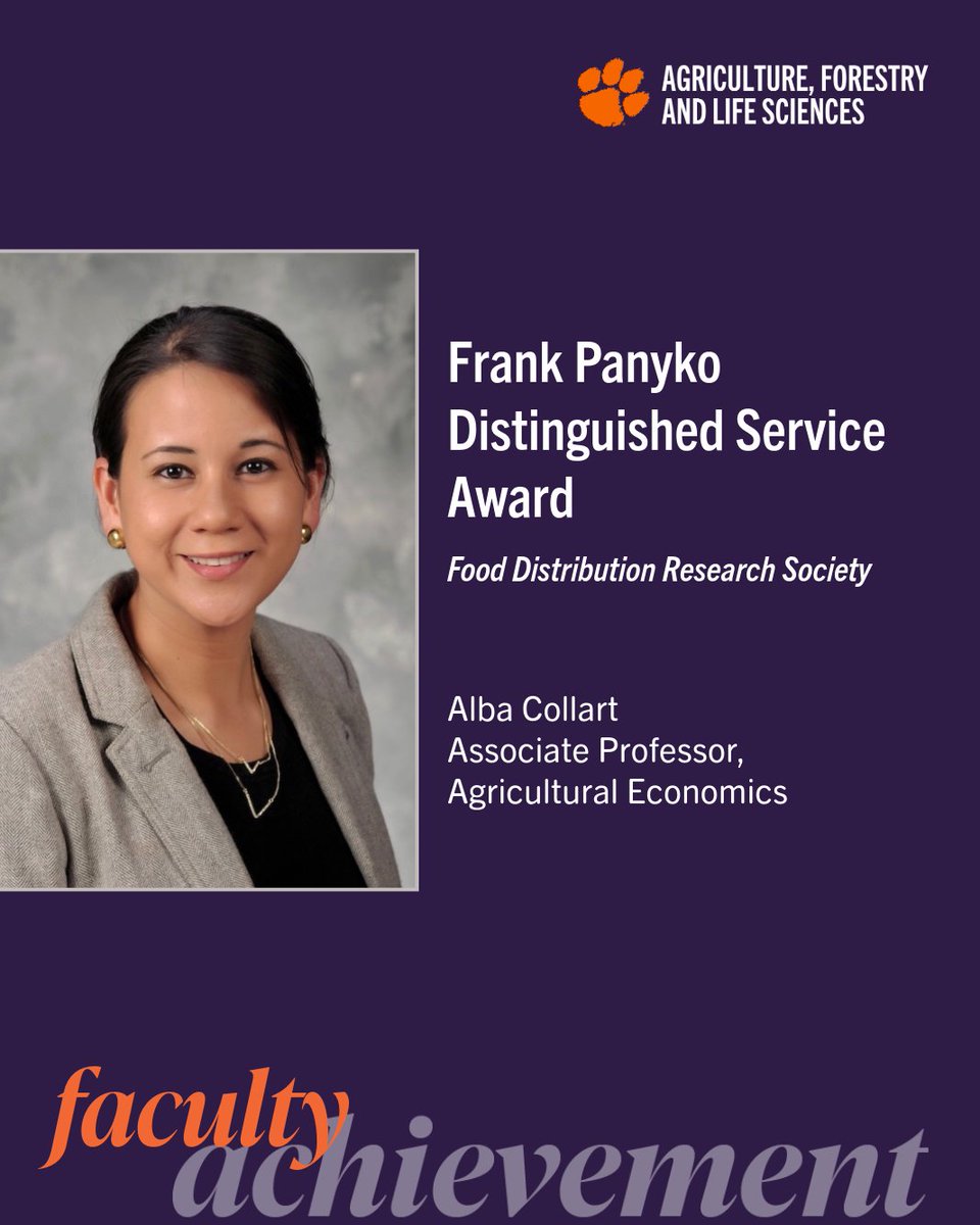 The <a href="/FDRSInc/">Food Distribution Research Society</a> has announced Alba J. Collart as the recipient of the Frank Panyko Distinguished Service Award, recognizing her decade-long dedication to advancing food distribution research, student engagement and professional service. 👏

Learn More ➡️ blogs.clemson.edu/cafls/alba-j-c…