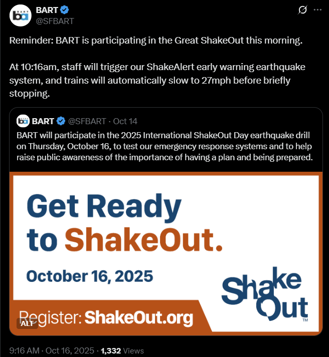 MikeyNoWay's tweet image. #DidYouFeelIt? Quake in Berkeley a few minutes ago and #BART was already poised to slow trains to participate in 2025 International ShakeOut Day at 10:16a. Monitoring their accounts to see if they'll slow trains as response to this morning's 3.1 quake... @nbcbayarea (9:53a)