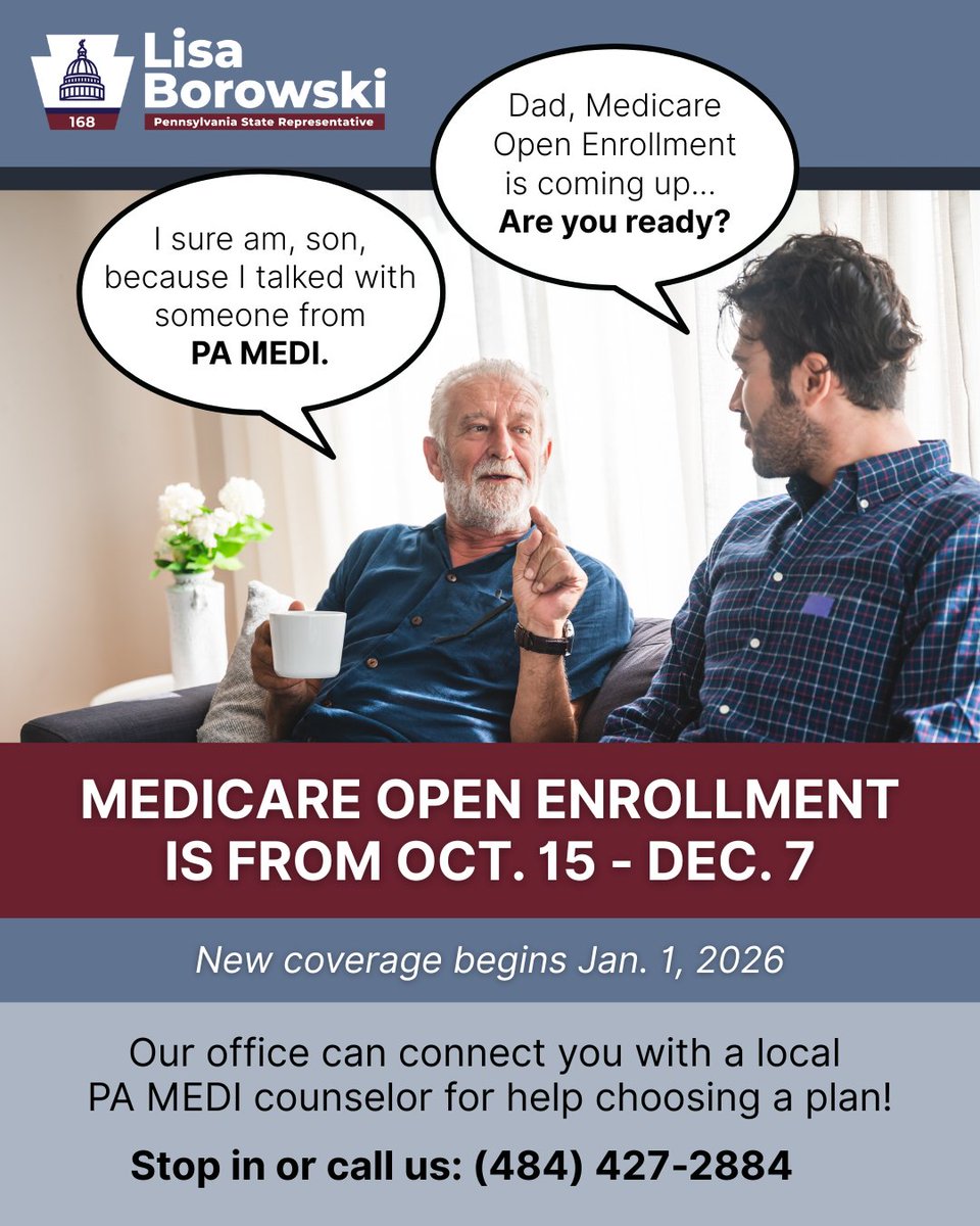 RepBorowski's tweet image. Now thru 12/7 you can join, switch or drop Medicare Advantage or Prescription Drug Plans. Changes will take effect on 1/1/26. Making your choices doesn&apos;t have to be difficult! Stop in, call, or email our office and we&apos;ll connect you with a local PA MEDI counselor who can help.