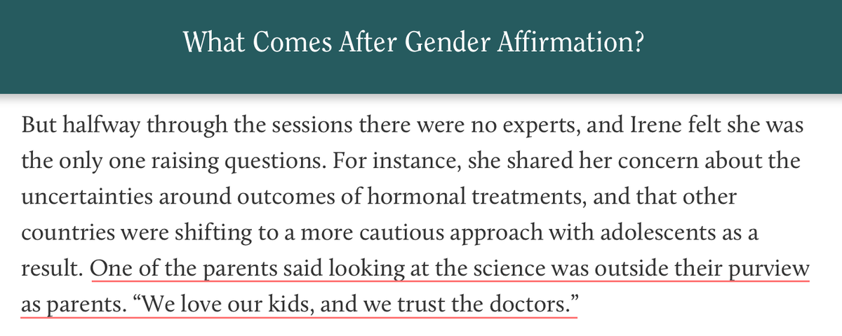 "We trust the doctors."

Gender clinicians tell unwary parents that their child's trans-identity is a medical condition that requires medical treatment. These parents’ deference to authority, unaware that the field is driven by ideology rather than evidence, is their fatal flaw.