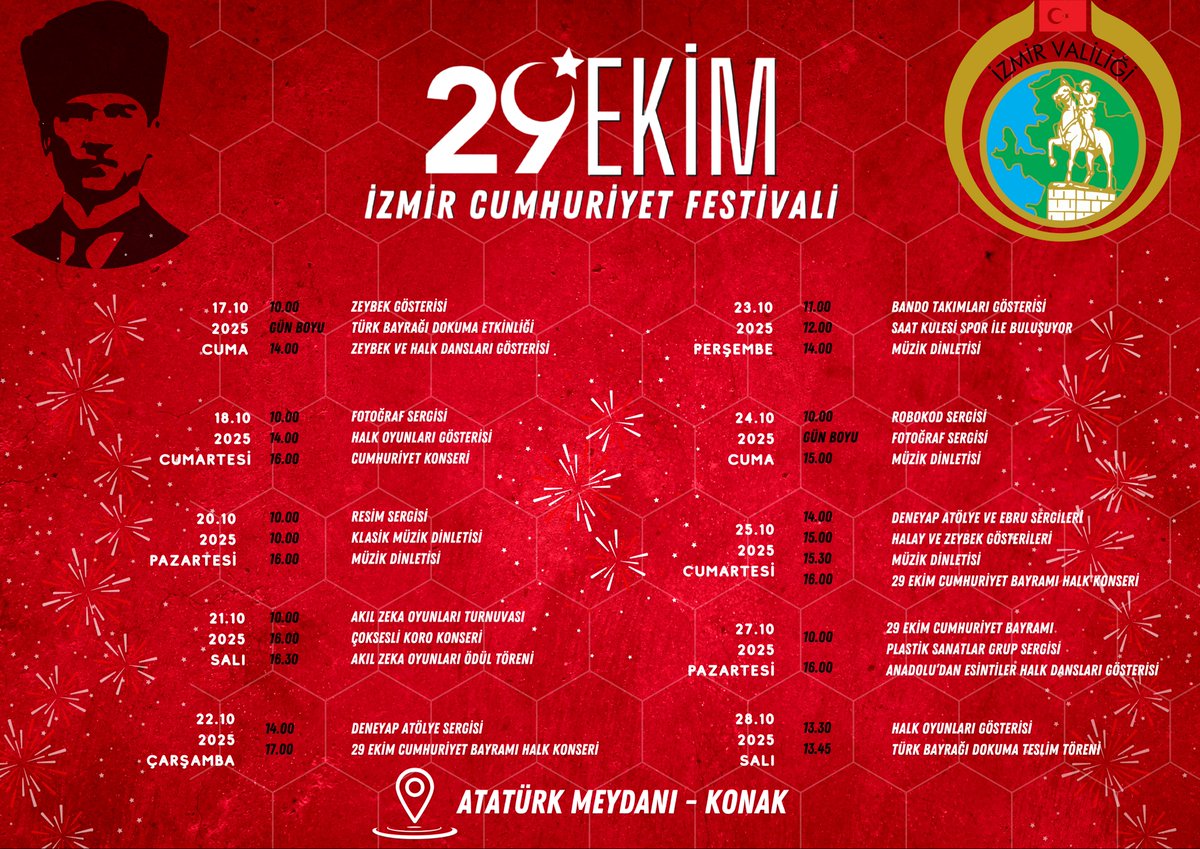 Cumhuriyetimizin 102. yıl coşkusunu hep birlikte, İzmir’e yakışır bir şekilde yaşıyoruz! 🇹🇷

İzmir Valiliğimizin himayelerinde, on gün boyunca Konak Meydanı’nı bir bayram alanına dönüştürecek birbirinden renkli etkinlikler düzenliyoruz.
Müzik dinletileri, sergiler, Deneyap