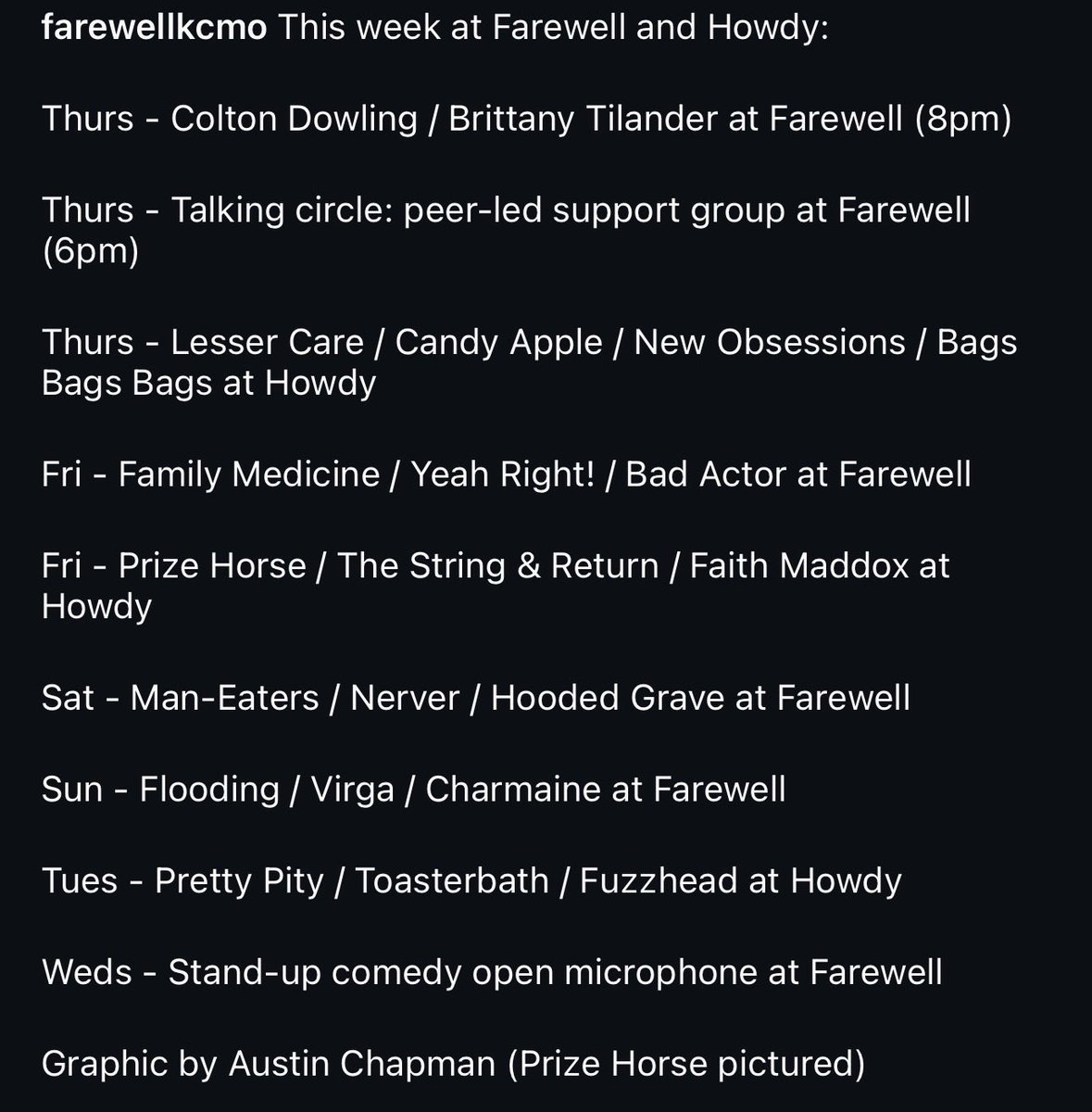 Weekly calendar for Farewell and Howdy!