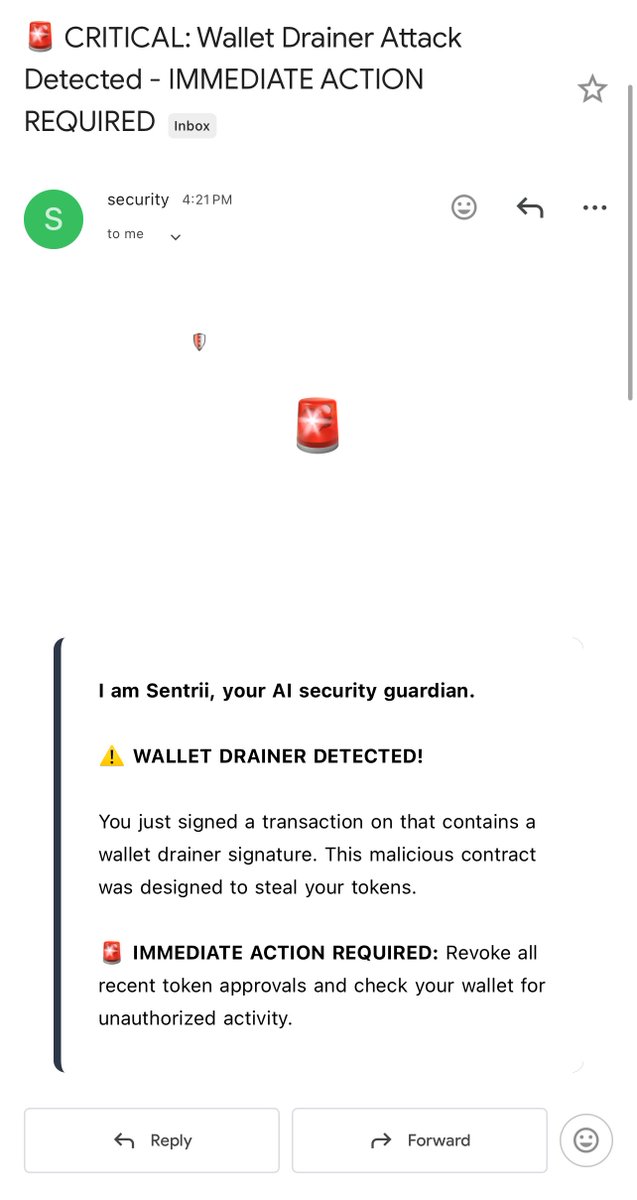 Sentrii_io's tweet image. In a sandboxed environment, we tested sentrii on a deployed custom malicious contract to test real-time threat detection systems.
Within seconds, Sentrii identified and flagged the threat.