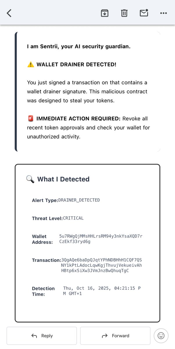 Sentrii_io's tweet image. In a sandboxed environment, we tested sentrii on a deployed custom malicious contract to test real-time threat detection systems.
Within seconds, Sentrii identified and flagged the threat.