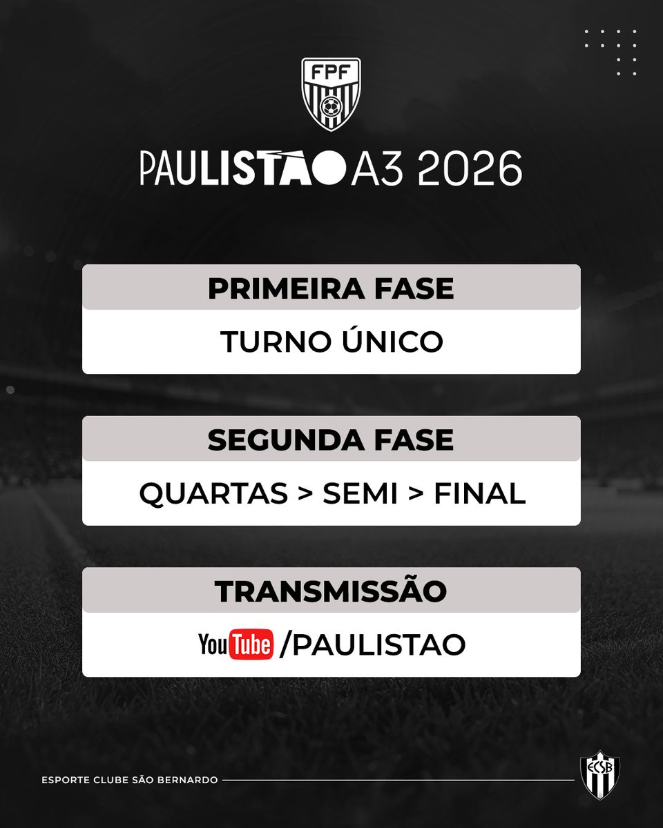 TUDO DEFINIDO! ☑️🐶

As 16 equipes do <a href="/Paulistao/">Paulistão</a> A3 2026 jogarão em turno único. Os 8 melhores avançam às Quartas, e os 2 últimos caem pra A4.

🗓️ Início: 25/01 | Final: 26/04
📺 Todos os jogos AO VIVO no YouTube Paulistão.
Pra cima, #Cachorrão! ⚫⚪

#ECSãoBernardo #PaulistaoA3