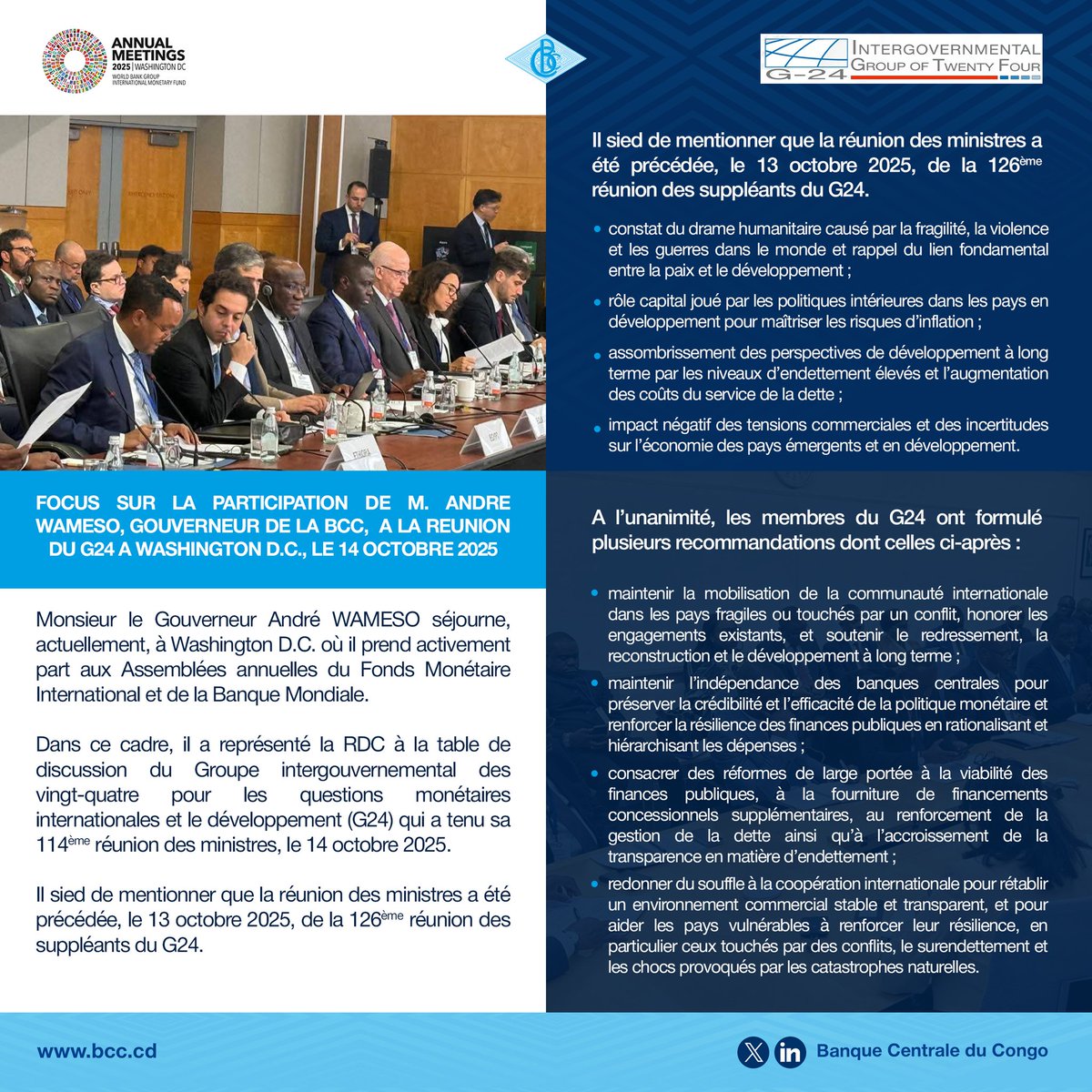 boniengadestin's tweet image. Focus sur la participation de Monsieur André WAMESO, Gouverneur de la @BCC_RDC , à la réunion du G24 à Washington D.C., le 14 octobre 2025.
#ÉconomieRDC #BCC #IMFWorldBankAnnualmeetings2025 #G24