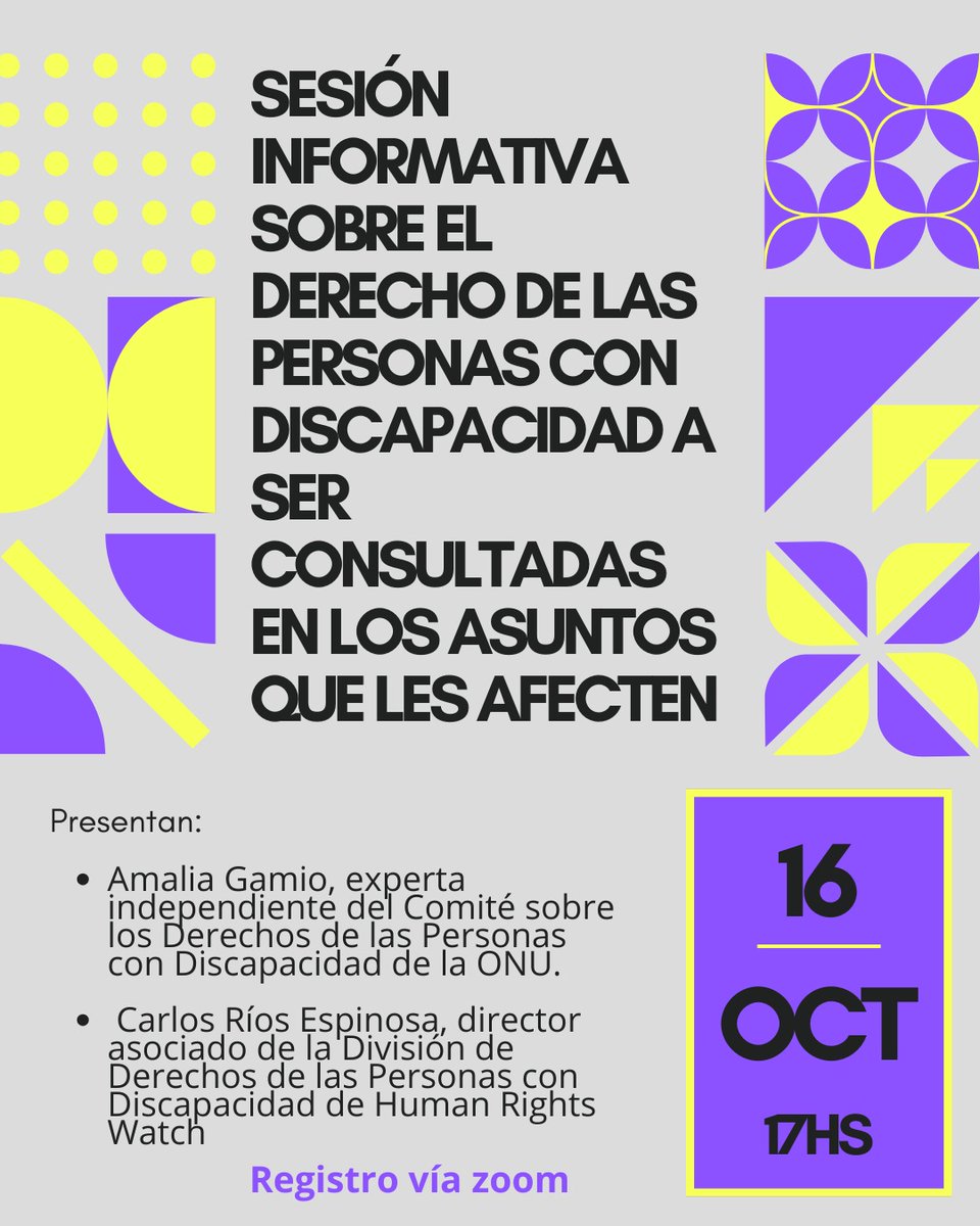 Te invitamos a la Sesión Informativa sobre el Derecho de las Personas con Discapacidad a ser Consultadas en los Asuntos que les Afecten.

Con la participación de Amalia Gamio (ONU) y Carlos Ríos Espinosa (Human Rights Watch).
🗓️ 16 de octubre | 17:00 h
📍 Registro vía Zoom:
