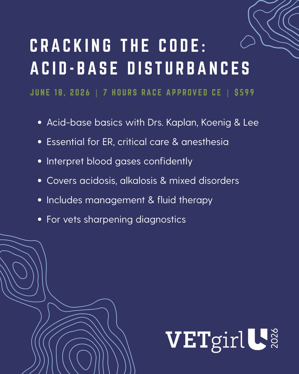 VetGirlOnTheRun's tweet photo. Cracking the Code: Acid-Base Disturbances
Save your spot at https://t.co/h6LYWOl80f
#VETgirlU #VetMed #VeterinaryCE #CriticalCare #EmergencyMedicine #Anesthesia #VetLife #AcidBase #BloodGasInterpretation https://t.co/VwuIugROP4