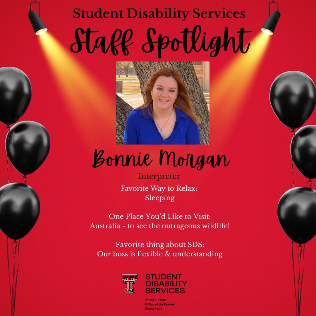 ttu_sds's tweet image. October Staff Spotlight:

Bonnie plays a crucial role as a Sign Language Interpreter within the SDS team. She consistently demonstrates readiness to fulfill any requests and step in whenever assistance is needed.
#StaffAppreciation #ASLInterpreters