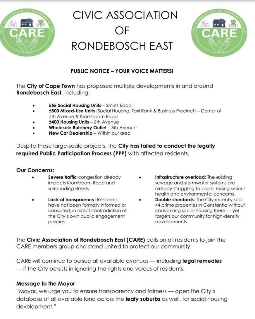The poor (blacks) are not wanted anywhere. 
May we remember who makes up a large number of the residents of Rondebosch East currently