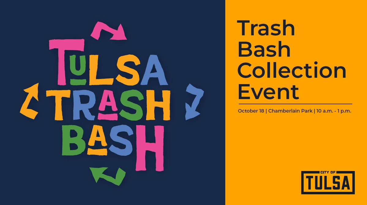 Tulsa, it’s time to clean up! The City of Tulsa will be in Chamberlain Park this weekend - October 18 - for Tulsa Trash Bash! You can safely get rid of unwanted household items for free.   

📍 October 18 | Chamberlain Park | 4940 N. Frankfort Ave., 10 a.m. - 1 p.m.  
✅ How to