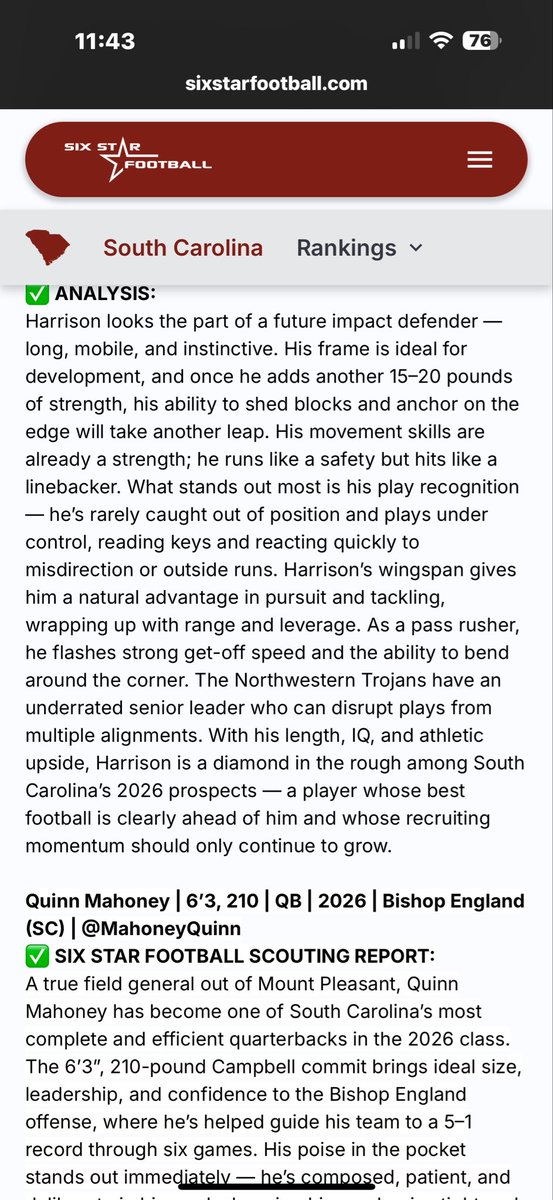 dharrison2026's tweet photo. Thank you for the article  @sixstarfootball @PrepRedzoneSC
@Coach_CoryWhite @evancooper2 @ClemsonFB @GamecockFB @CatawbaFootball @UNCFootball @tyhaines16 @Coach_Overman @NHSTrojansFB @NHSCoachWofford @CoachClaytonW @ChrisWRHI @on3 @ROBERTSON_9TWO @NHSTrojansFB @AppState_FB https://t.co/FWtqpz8hkR